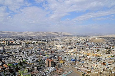 Overview, cityscape, houses, views from the El Morro mountain, landmark, desert, desert mountains, Arica, Norte Grande, northern Chile, Chile, South America