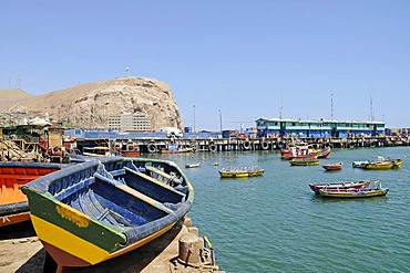 Small, colorful fishing boats, harbor, El Morro, mountain, landmark, Arica, Norte Grande, northern Chile, Chile, South America