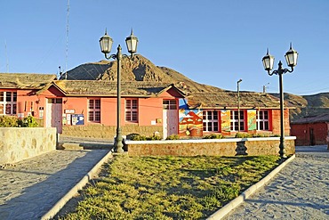 Colourful Houses, Plaza de Armas square, evening light, town of Putre, Altiplano, Norte Grande, Northern Chile, Chile, South America