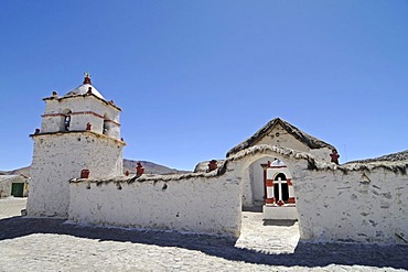 Church, built with Adobe construction methods, Parinacota, mountain village, Lauca National Park, Altiplano, Norte Grande, Northern Chile, Chile, South America