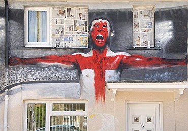 Football World Cup, decoration, painted house wall, football player with flag, Bristol, England, United Kingdom, Europe