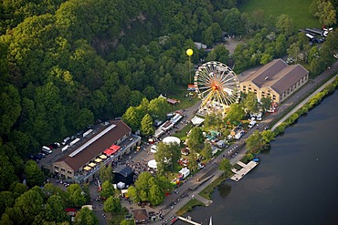 Aerial view, Vereinigte Gibraltar mine on the Kemnader reservoir with a Ferris wheel, Schachtzeichen RUHR.2010 art installation, Bochum, Ruhrgebiet region, North Rhine-Westphalia, Germany, Europe