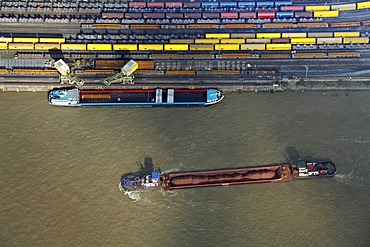 Aerial view, construction site, bulk ships, unloading of coal, ThyssenKrupp Steel, port Walsum, Duisburg, Ruhrgebiet region, North Rhine-Westphalia, Germany, Europe