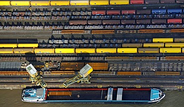 Aerial view, construction site, bulk ships, unloading of coal, ThyssenKrupp Steel, port Walsum, Duisburg, Ruhrgebiet region, North Rhine-Westphalia, Germany, Europe