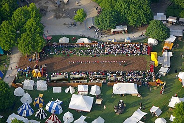 Aerial view, historical market with tournaments in the park of Schloss Broich castle, Muelheim an der Ruhr, Ruhrgebiet region, North Rhine-Westphalia, Germany, Europe