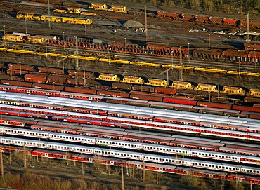 Aerial view, freight trains, freight terminal, Hamm, Ruhrgebiet region, North Rhine-Westphalia, Germany, Europe