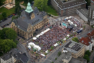 Aerial view, public screening, Football World Cup 2010, the match Germany vs Australia 4-0, Rathausvorplatz square, Recklinghausen, Ruhr Area, North Rhine-Westphalia, Germany, Europe