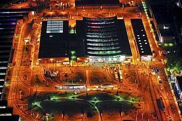 Aerial view, night shot, tram depot, BOGESTRA public transportation services Engelsburg, Extraschicht 2010, night of industrial culture, summer festival of the Kulturhauptstadt Capital of Culture 2010, Bochum, Ruhrgebiet area, North Rhine-Westphalia, Germ