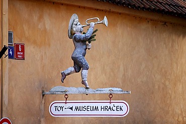 Trumpet, tin figure, museum sign Hracek, Hradcany, Prague Castle, Prague, Czech Republic, Europe