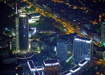 Aerial view, night shot, Evonik administration, RWE-Tower, downtown with main train station, Essen, Ruhrgebiet region, North Rhine-Westphalia, Germany, Europe