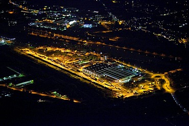 Aerial view, night shot, freight center Hafen Wanne-West, Gelsenkirchen, Ruhrgebiet region, North Rhine-Westphalia, Germany, Europe