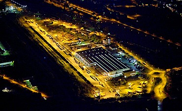 Aerial view, night shot, freight center Hafen Wanne-West, Gelsenkirchen, Ruhrgebiet region, North Rhine-Westphalia, Germany, Europe