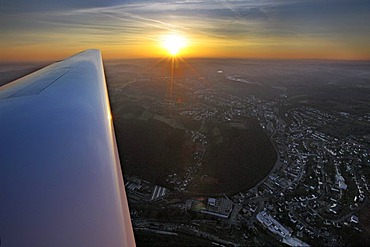 Aerial view, sunrise, early morning flight, Ennepetal, Ruhr area, North Rhine-Westphalia, Germany, Europe