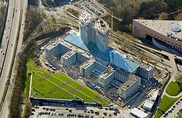 Aerial view, EON-Gas administration at the Gruga, Essen, Ruhrgebiet region, North Rhine-Westphalia, Germany, Europe