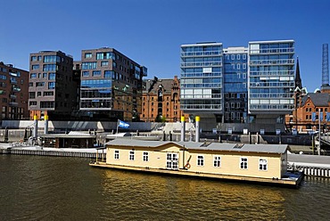 Traditional ship port with a houseboat, HafenCity, Hamburg, Germany, Europe