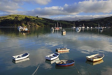 Small boats, Akaroa Harbour, Banks Peninsula, Canterbury region, South Island, New Zealand