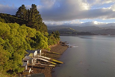 Boathouses at Akaroa Harbour, Banks Peninsula, Canterbury region, South Island, New Zealand