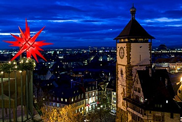 Wintry festive panoramic view of the historic town of Freiburg im Breisgau, Baden-Wuerttemberg, Germany, Europe