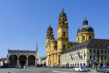 Feldherrnhalle, Feldherrenhalle or Field Marshals' Hall and Theatinerkirche church, Odeonsplatz square, Munich, Upper Bavaria, Germany, Europe