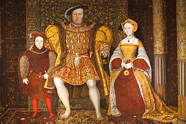 Portrait of King Henry VIII, Jane Seymour and Prince Edward, The Great Hall, Hampton Court Palace, Greater London, England, United Kingdom, Europe