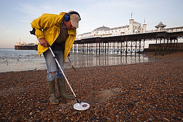 Metal detecting on Brighton Beach near Brighton Pier, Brighton, Sussex, England, United Kingdom, Europe