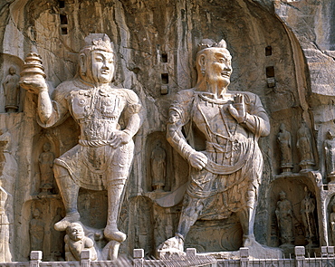 Bodhisattva and Guardian statues, Ancestor Worshipping Temple, Longmen Buddhist Caves dating from the Tang Dynasty, UNESCO World Heritage Site, Luoyang, Henan Province, China, Asia