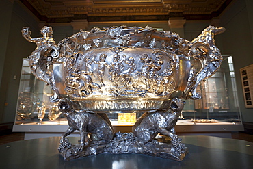 Decorative silver bowl in the Whiteley Galleries, Victoria and Albert Museum, London, England, United Kingdom, Europe