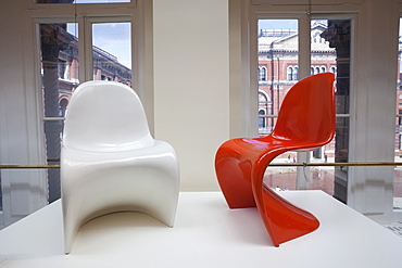 Exhibits of 1960s chairs made of fibreglass-reinforced polyester, Victoria and Albert Museum, London, England, United Kingdom, Europe