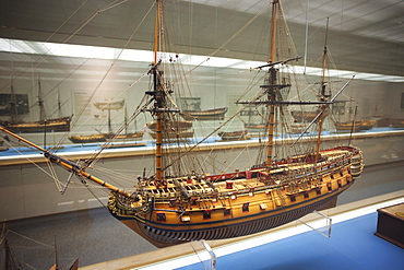 Exhibit of wooden ship models, National Maritime Museum, Greenwich, London, England, United Kingdom, Europe