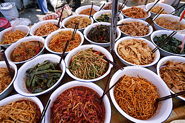 Local food display in Market Square in Old Town, Lijiang, Yunnan Province, China, Asia