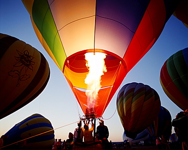 Colourful hot air balloon being inflated at dusk, Albuquerque, New Mexico, United States of America, North America