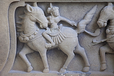 Sandstone carving of polo players, Museum of Cham Sculpture, Danang, Vietnam, Indochina, Southeast Asia, Asia