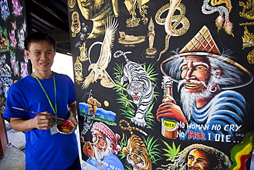 Umbrella artisst with artwork sample display, Umbrella Village, Borsang, Chiang Mai, Thailand, Southeast Asia, Asia