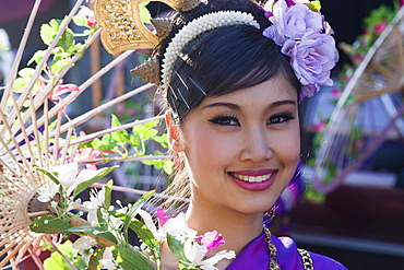 Portrait of a girl in traditional Thai dress, Chiang Mai Flower Festival, Chiangmai, Thailand, Southeast Asia, Asia