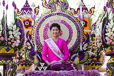 Young woman on floral float, Chiang Mai Flower Festival Chiang Mai, Thailand, Southeast Asia, Asia