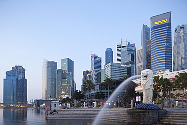 Merlion statue and city skyline, Singapore, Southeast Asia, Asia