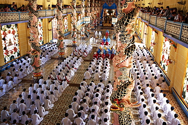 Religious service in the interior of the Cao Dai Temple, Tay Ninh, Vietnam, Indochina, Southeast Asia, Asia