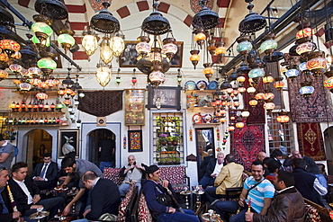 Customers smoking waterpipes in a coffee shop, Sultanahmet, Istanbul, Turkey, Europe