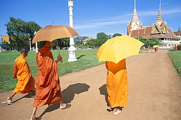 Monks walking with umbrellas, Phnom Penh, Cambodia, Indochina, Southeast Asia, Asia