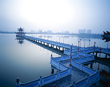 Lotus Lake, Nine Cornered Bridge and Wuli Pagoda at dawn, Kaohsiung, Taiwan, Asia