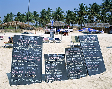 Restaurant menus on blackboards, Colva Beach, Goa, India, Asia