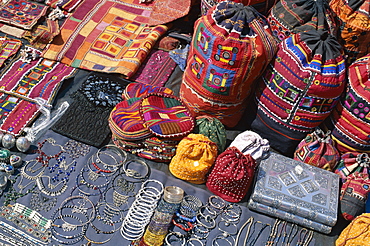 Display of local crafts and jewellery, Anjuna Market, Goa, India, Asia