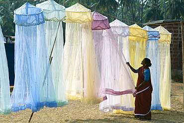 Display of mosquito nets, Anjuna Market, Goa, India, Asia