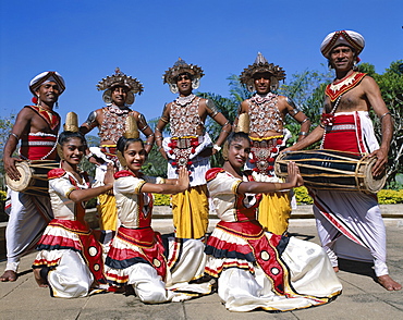 Group of Kandy dancers dressed in Kandyan costume, Kandy, Sri Lanka, Asia