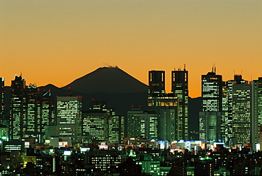 City skyline and Mount Fuji at night, Tokyo, Honshu, Japan, Asia