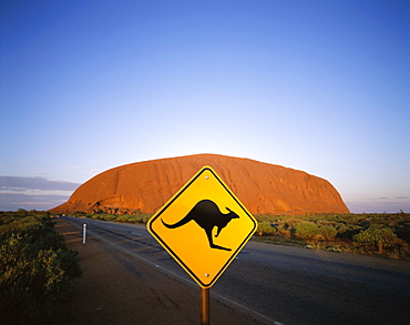 Ayers Rock and kangaroo road sign, Uluru-Kata Tjuta National Park, Northern Territory, Australia, Pacific