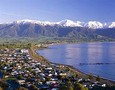 View over town and Seaward Kaikoura Mountain Ranges, Kaikoura, Canterbury, South Island, New Zealand, Pacific