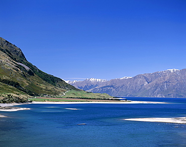 Road with Lake Hawea and The Southern Alps Mountain Ranges, Wanaka, South Island, New Zealand, Pacific