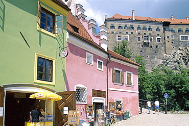 Colourful store and castle, The Old Town, Cesky Krumlov, UNESCO World Heritage Site, South Bohemia, Czech Republic, Europe