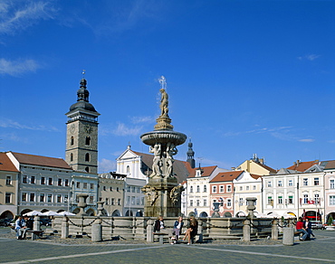 The Old Town Square and Samson Fountain, Ceske Budejovice, South Bohemia, Czech Republic, Europe